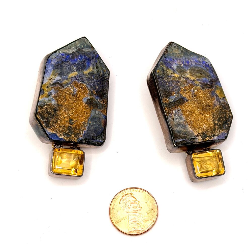 Vintage 90s Signed Amy Kahn Russell Blue Azurite Malachite Citrine Earrings - Picture 6 of 10